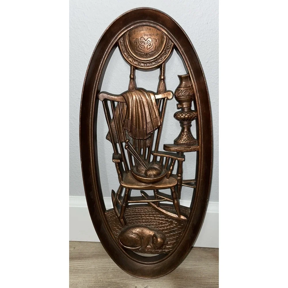 Vtg 1965 Burwood Wall Plaques 4364 & 4365 Oval‎ Spinning Wheel Rocking Chair Cat